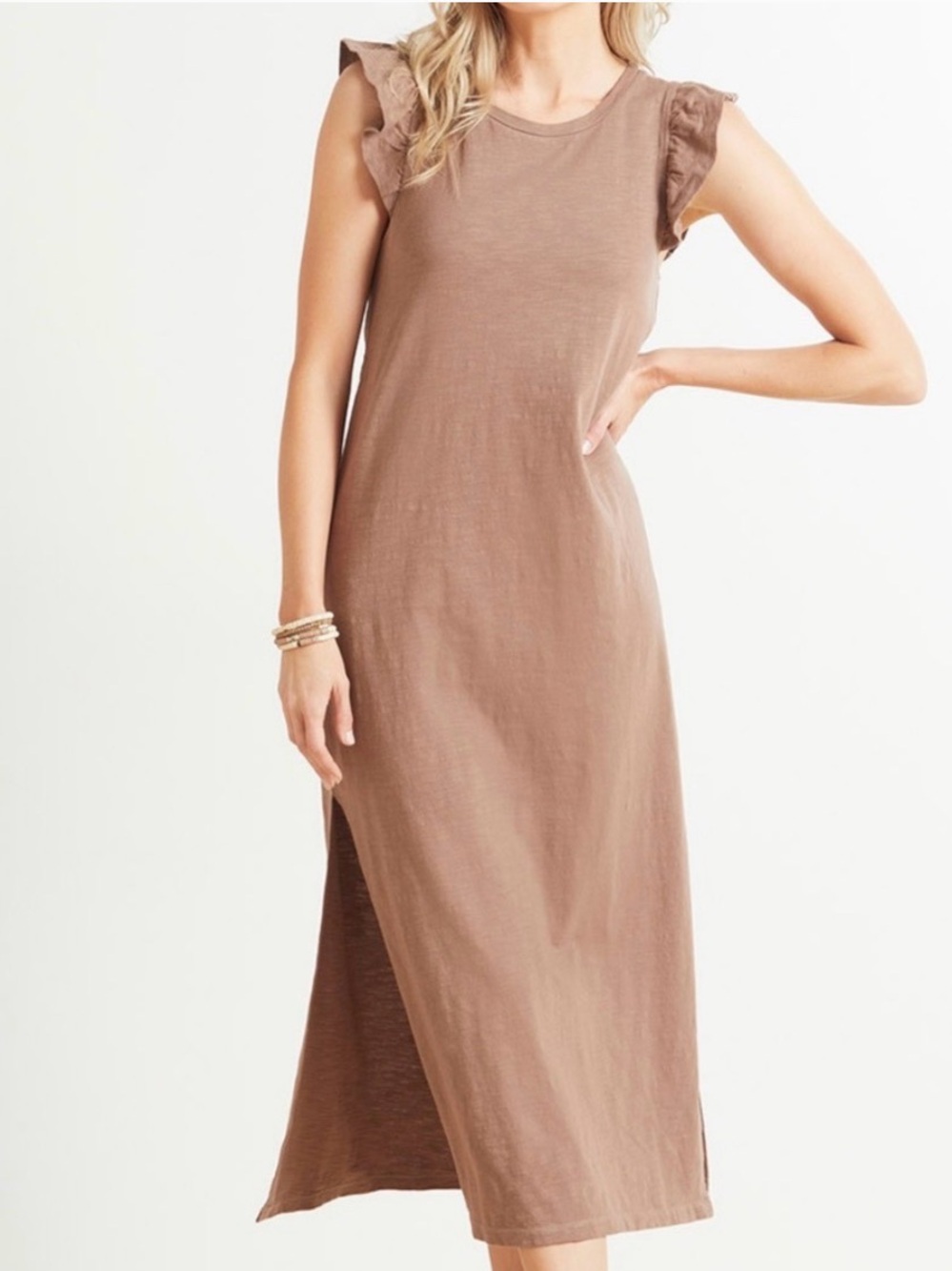 Z Supply Sleeveless Maxi Dress with Ruffle Shoulders in Brown